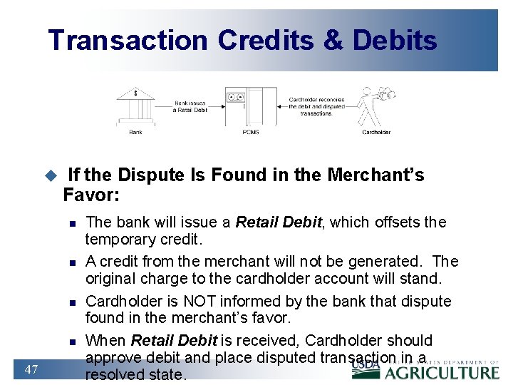 Transaction Credits & Debits u If the Dispute Is Found in the Merchant’s Favor: