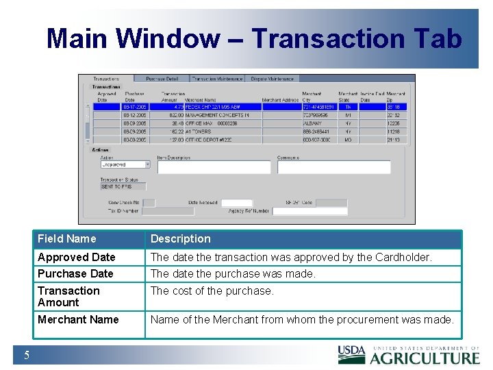 Main Window – Transaction Tab 5 Field Name Description Approved Date The date the