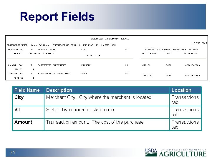 Report Fields Field Name Description Location City Merchant City where the merchant is located