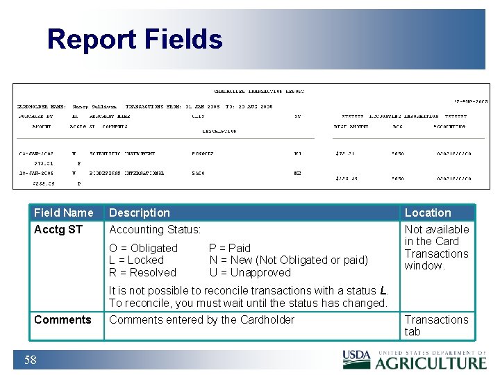 Report Fields Field Name Description Location Acctg ST Accounting Status: Not available in the