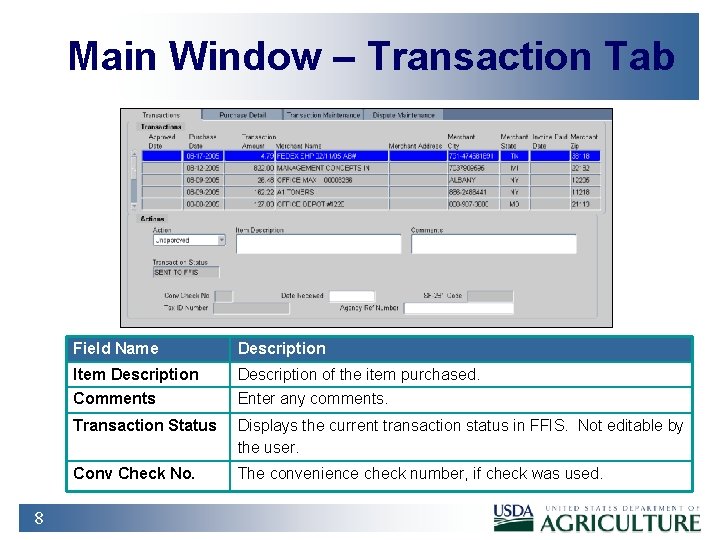 Main Window – Transaction Tab 8 Field Name Description Item Description of the item