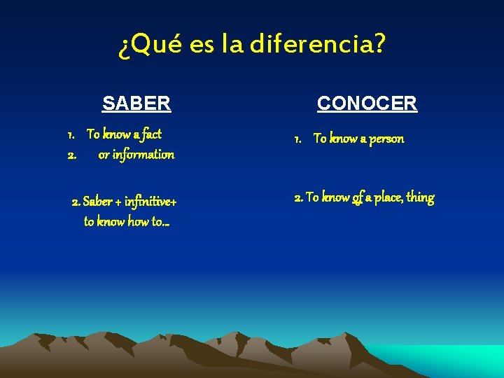 ¿Qué es la diferencia? SABER CONOCER 1. To know a fact 2. or information