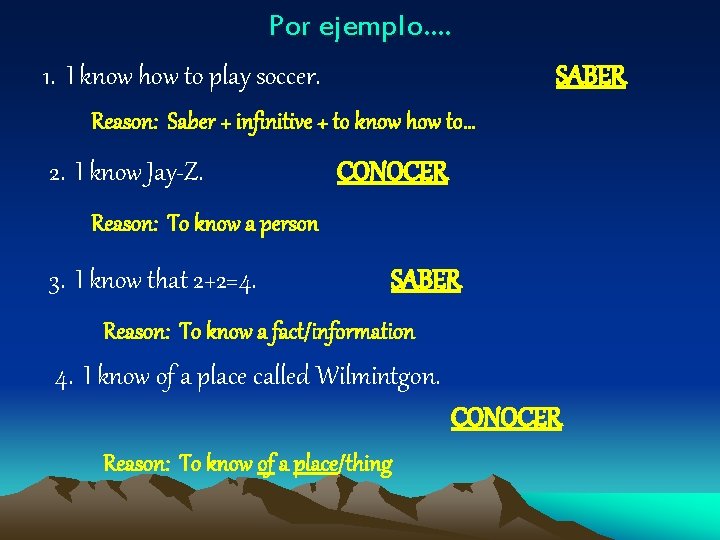 Por ejemplo…. 1. I know how to play soccer. SABER Reason: Saber + infinitive