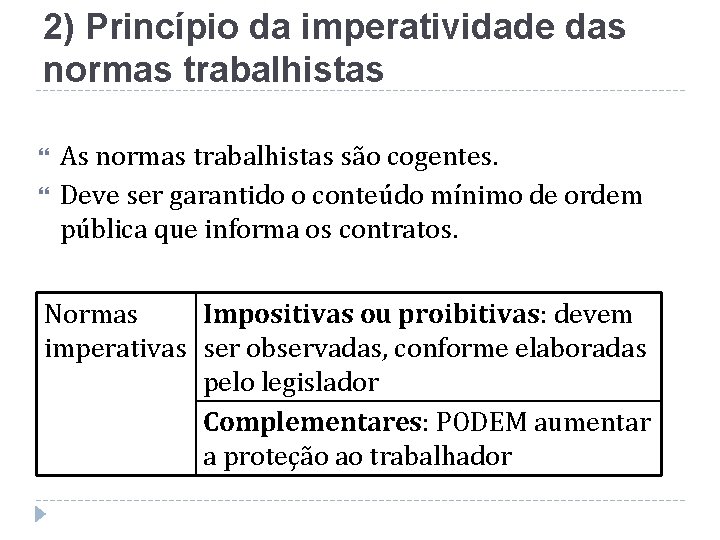 2) Princípio da imperatividade das normas trabalhistas As normas trabalhistas são cogentes. Deve ser