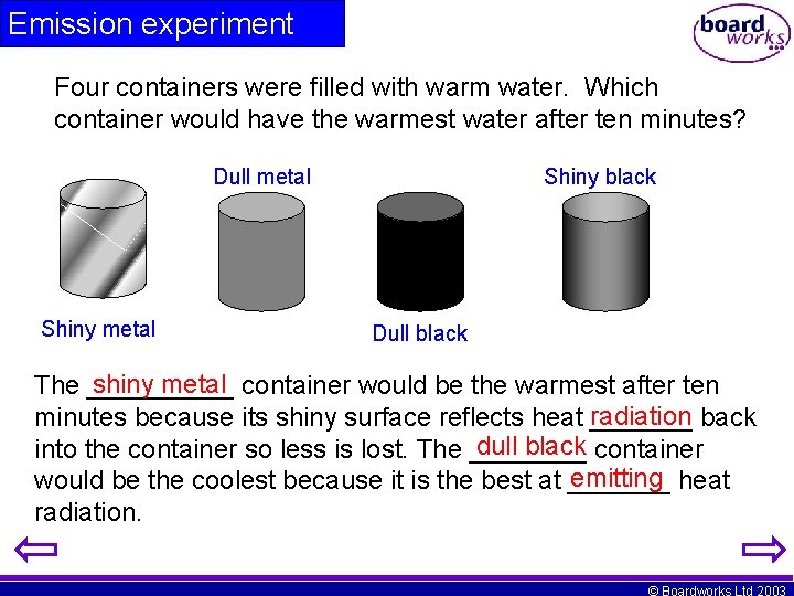 Emission experiment Four containers were filled with warm water. Which container would have the