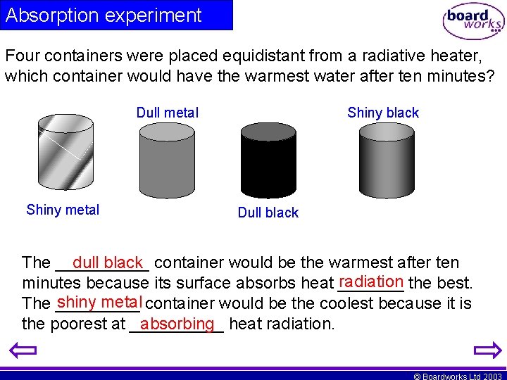 Absorption experiment Four containers were placed equidistant from a radiative heater, which container would