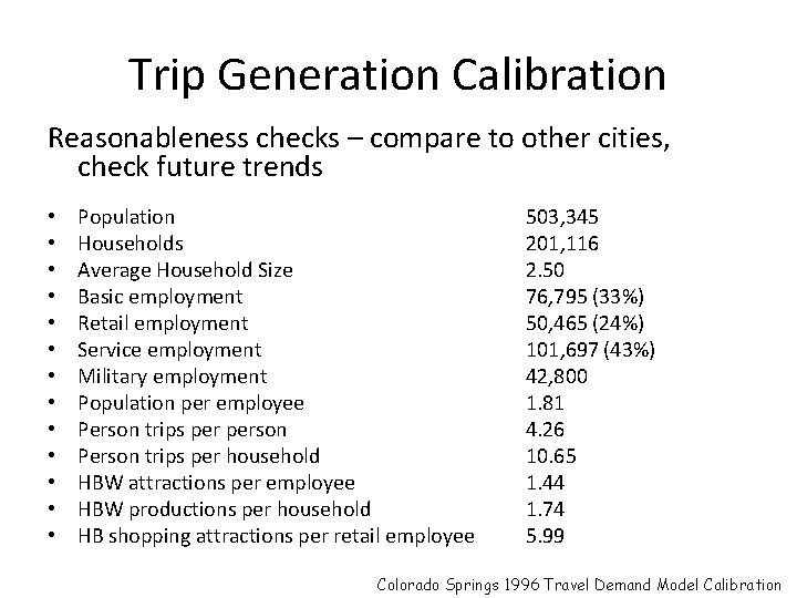 Trip Generation Calibration Reasonableness checks – compare to other cities, check future trends •