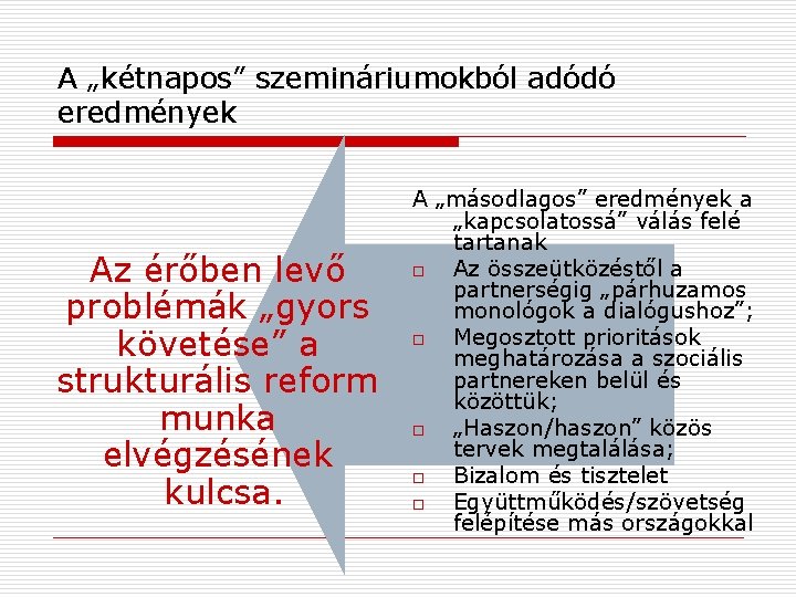 A „kétnapos” szemináriumokból adódó eredmények Az érőben levő problémák „gyors követése” a strukturális reform