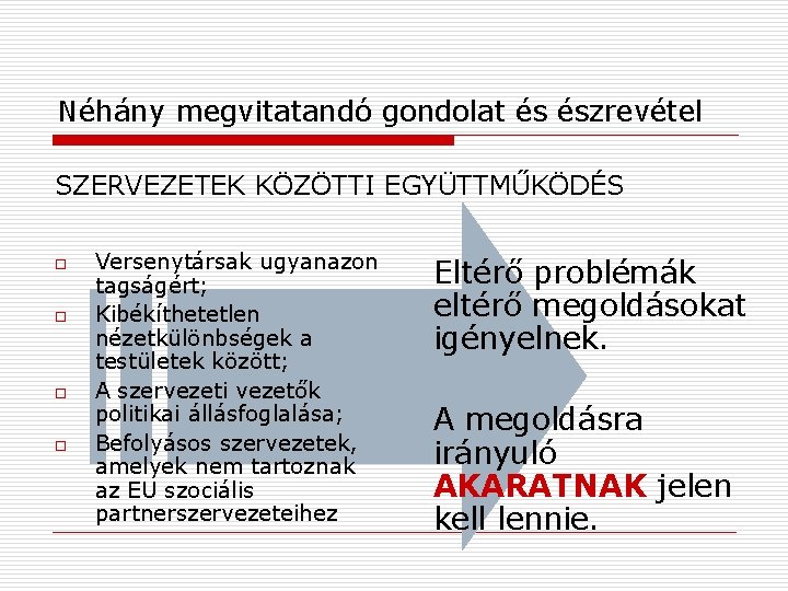 Néhány megvitatandó gondolat és észrevétel SZERVEZETEK KÖZÖTTI EGYÜTTMŰKÖDÉS o o Versenytársak ugyanazon tagságért; Kibékíthetetlen