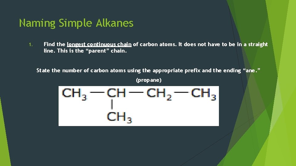 Naming Simple Alkanes 1. Find the longest continuous chain of carbon atoms. It does