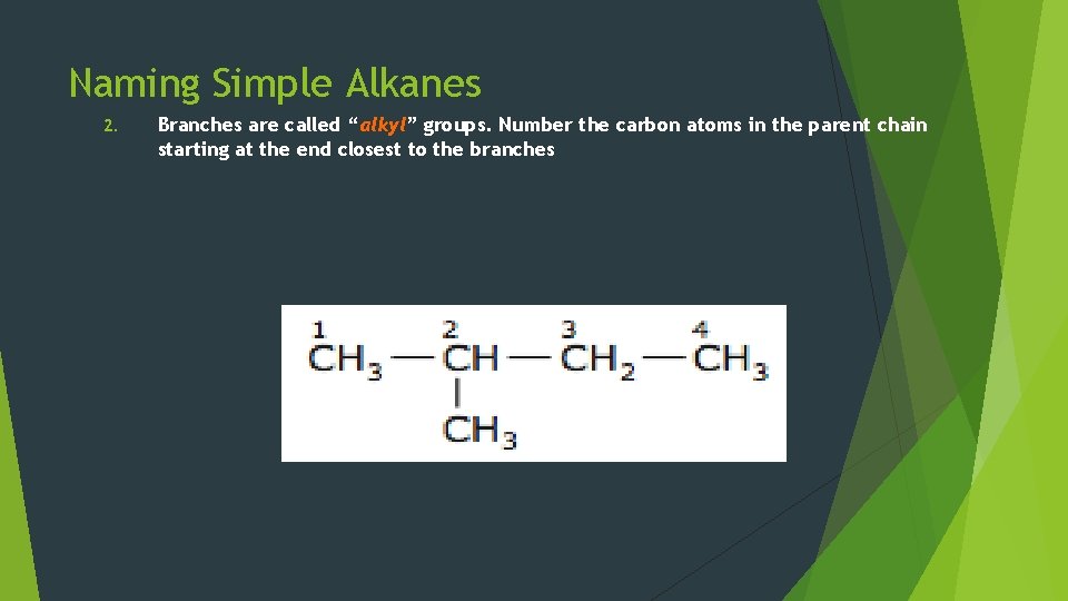 Naming Simple Alkanes 2. Branches are called “alkyl” groups. Number the carbon atoms in