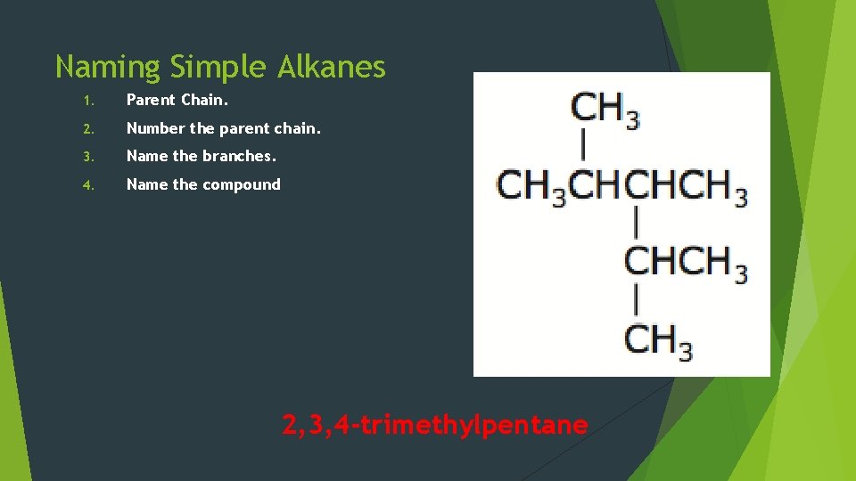 Naming Simple Alkanes 1. Parent Chain. 2. Number the parent chain. 3. Name the