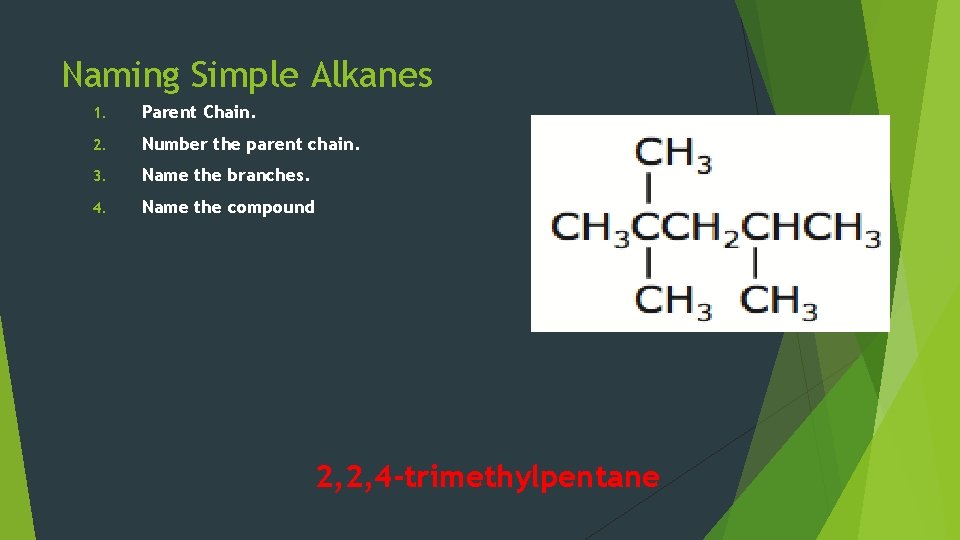 Naming Simple Alkanes 1. Parent Chain. 2. Number the parent chain. 3. Name the