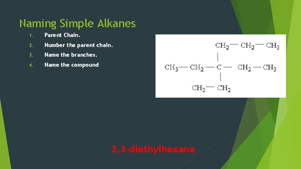 Naming Simple Alkanes 1. Parent Chain. 2. Number the parent chain. 3. Name the