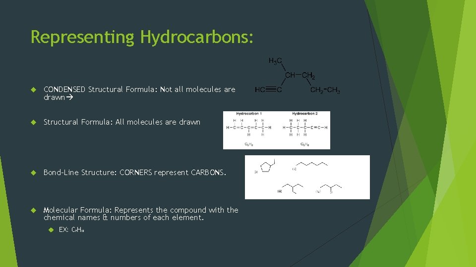 Representing Hydrocarbons: CONDENSED Structural Formula: Not all molecules are drawn Structural Formula: All molecules