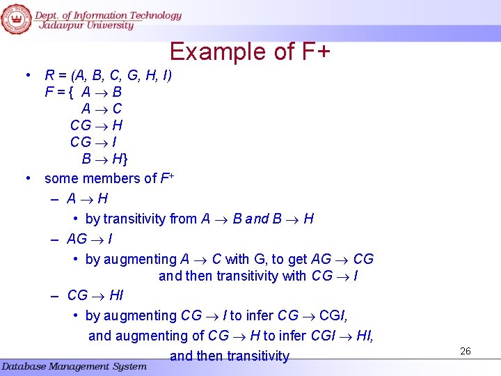 Example of F+ • R = (A, B, C, G, H, I) F={ A Example of F+ • R = (A, B, C, G, H, I) F={ A