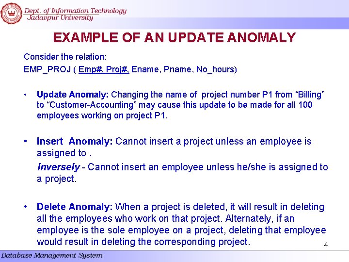 EXAMPLE OF AN UPDATE ANOMALY Consider the relation: EMP_PROJ ( Emp#, Proj#, Ename, Pname, EXAMPLE OF AN UPDATE ANOMALY Consider the relation: EMP_PROJ ( Emp#, Proj#, Ename, Pname,