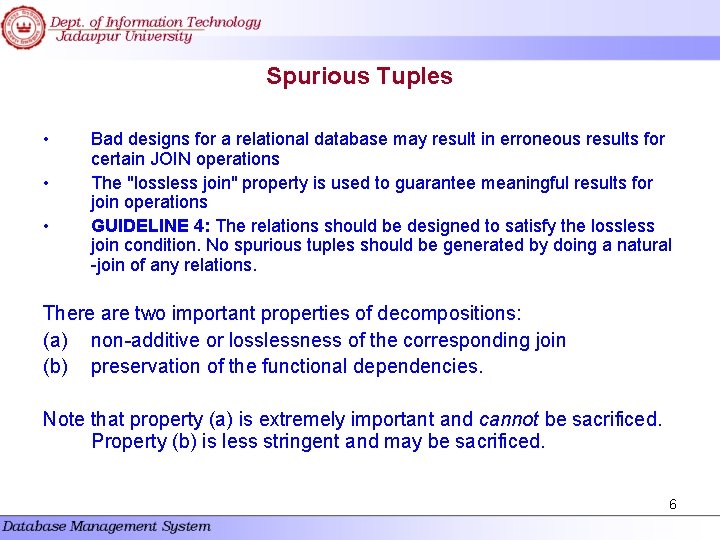 Spurious Tuples • • • Bad designs for a relational database may result in Spurious Tuples • • • Bad designs for a relational database may result in