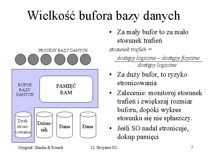 Wielkość bufora bazy danych • Za mały bufor to za mało stosunek trafień =