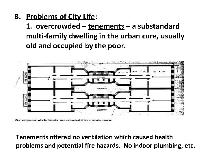 B. Problems of City Life: 1. overcrowded – tenements – a substandard multi-family dwelling