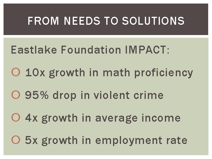 FROM NEEDS TO SOLUTIONS Eastlake Foundation IMPACT: 10 x growth in math proficiency 95%