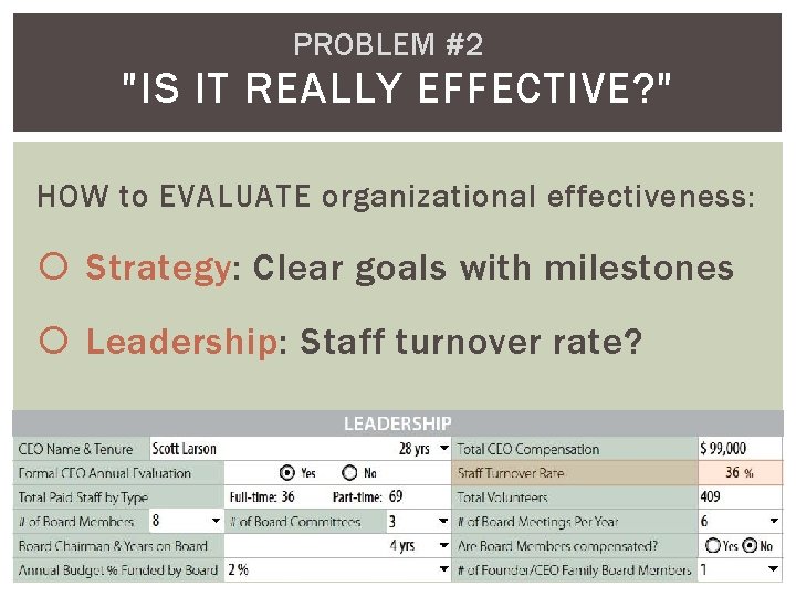 PROBLEM #2 "IS IT REALLY EFFECTIVE? " HOW to EVALUATE organizational effectiveness: Strategy: Clear