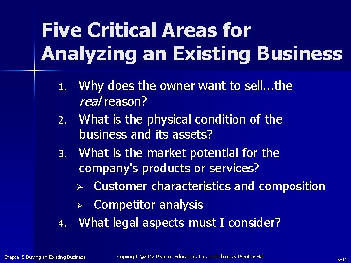 Five Critical Areas for Analyzing an Existing Business 1. 2. 3. 4. Why does
