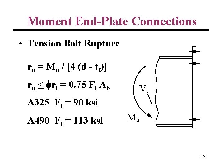 Moment End-Plate Connections • Tension Bolt Rupture ru = Mu / [4 (d -