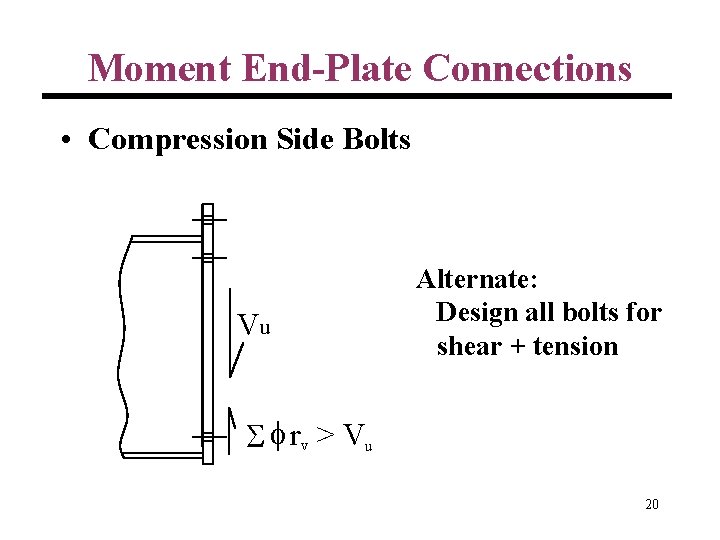 Moment End-Plate Connections • Compression Side Bolts Vu Alternate: Design all bolts for shear