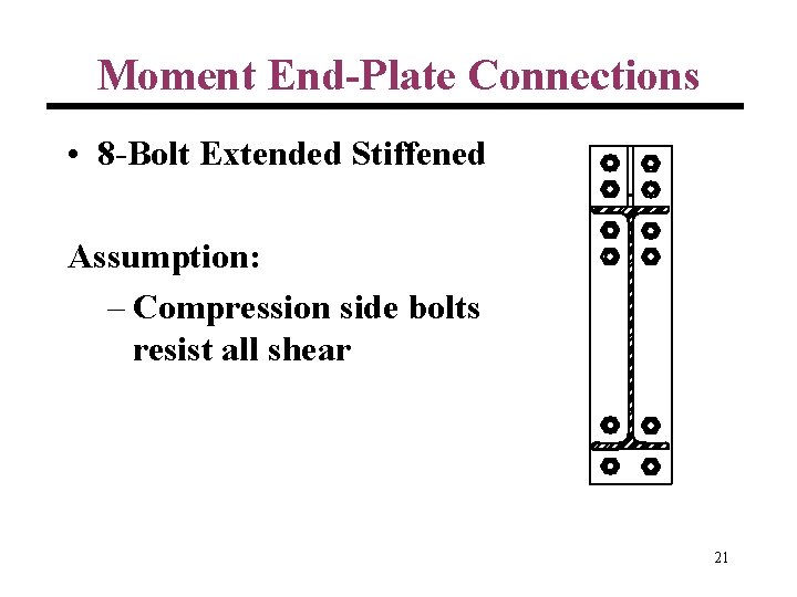 Moment End-Plate Connections • 8 -Bolt Extended Stiffened Assumption: – Compression side bolts resist
