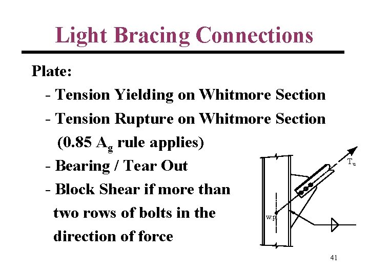 Light Bracing Connections Plate: - Tension Yielding on Whitmore Section - Tension Rupture on