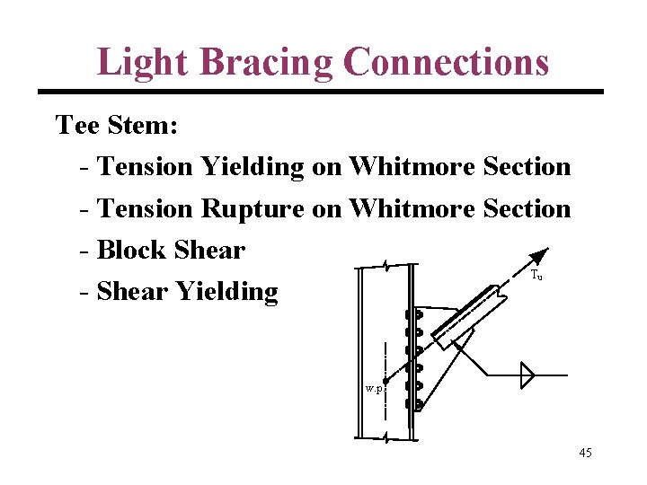 Light Bracing Connections Tee Stem: - Tension Yielding on Whitmore Section - Tension Rupture