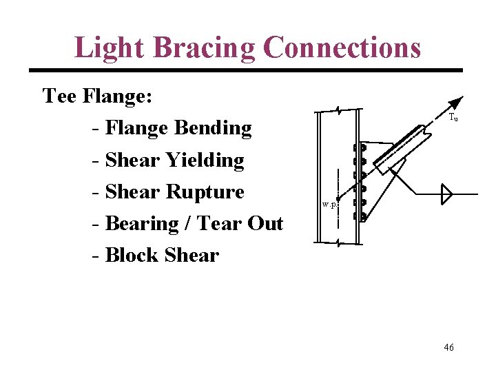 Light Bracing Connections Tee Flange: - Flange Bending - Shear Yielding - Shear Rupture