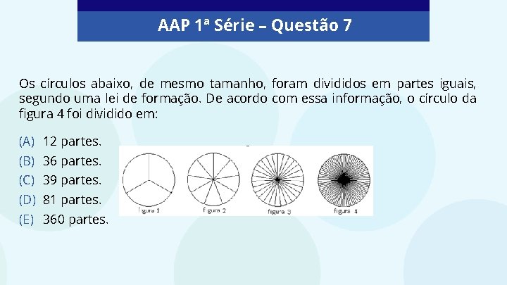 AAP 1ª Série – Questão 7 Os círculos abaixo, de mesmo tamanho, foram divididos