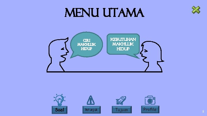 Menu UTAMA CIRI MAKHLUK HIDUP Soal Petunjuk KEBUTUHAN MAKHLUK HIDUP Tujuan Profile 5 