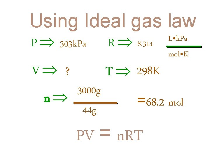 Using Ideal gas law P 303 k. Pa R 8. 314 V ? T