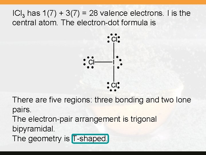 ICl 3 has 1(7) + 3(7) = 28 valence electrons. I is the central