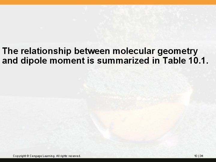 The relationship between molecular geometry and dipole moment is summarized in Table 10. 1.