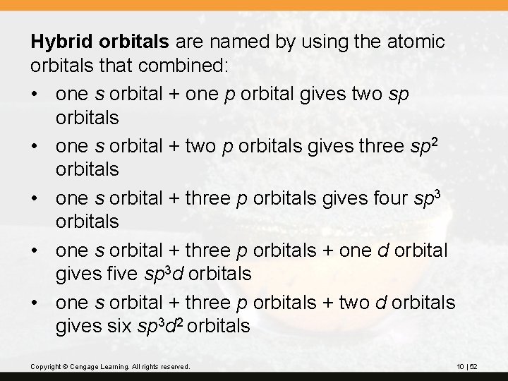 Hybrid orbitals are named by using the atomic orbitals that combined: • one s