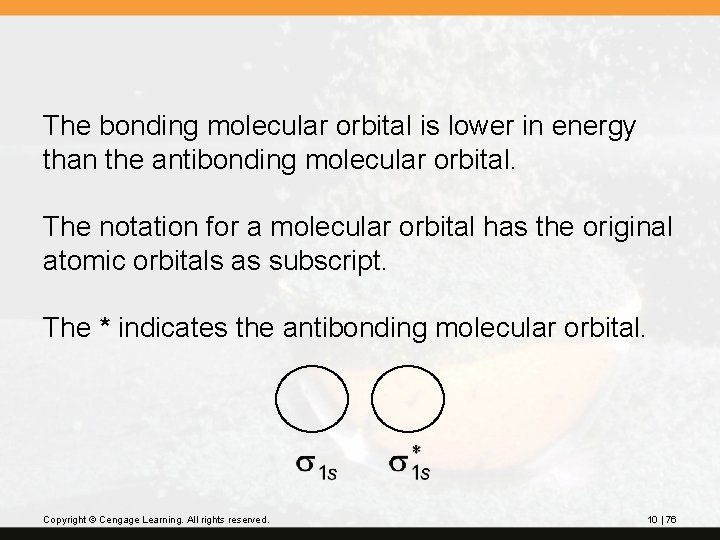 The bonding molecular orbital is lower in energy than the antibonding molecular orbital. The