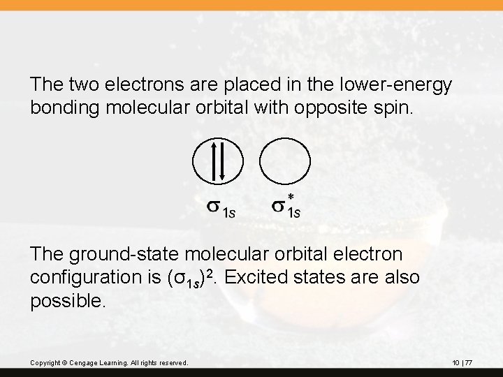 The two electrons are placed in the lower-energy bonding molecular orbital with opposite spin.