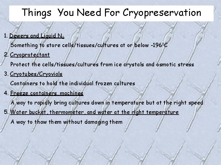 Things You Need For Cryopreservation 1. Dewers and Liquid N 2 Something to store
