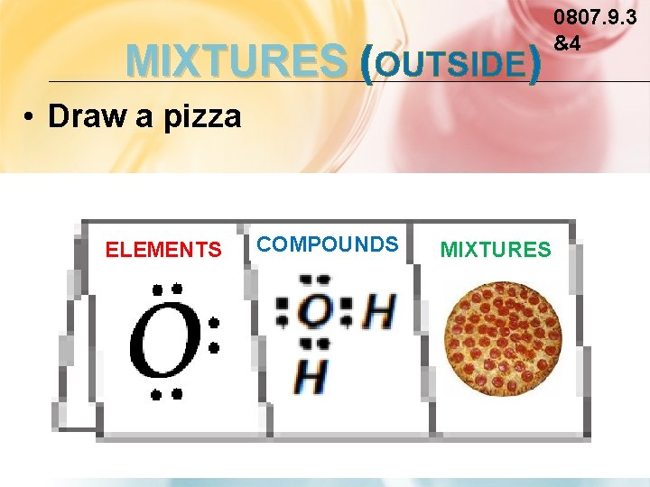 MIXTURES (OUTSIDE) • Draw a pizza ELEMENTS COMPOUNDS MIXTURES 0807. 9. 3 &4 