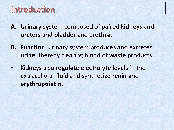 Introduction A. Urinary system composed of paired kidneys and ureters and bladder and urethra.