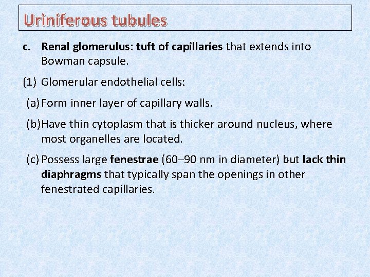 Uriniferous tubules c. Renal glomerulus: tuft of capillaries that extends into Bowman capsule. (1)