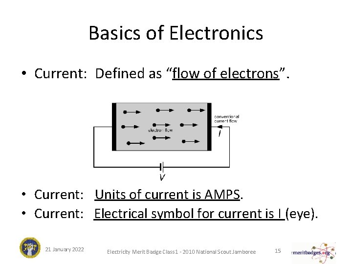 Basics of Electronics • Current: Defined as “flow of electrons”. • Current: Units of