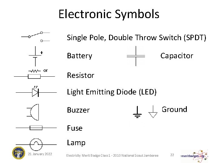 Electronic Symbols Single Pole, Double Throw Switch (SPDT) Battery or Capacitor Resistor Light Emitting