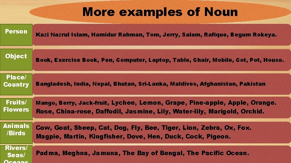 More examples of Noun Person Object Place/ Country Kazi Nazrul Islam, Hamidur Rahman, Tom,