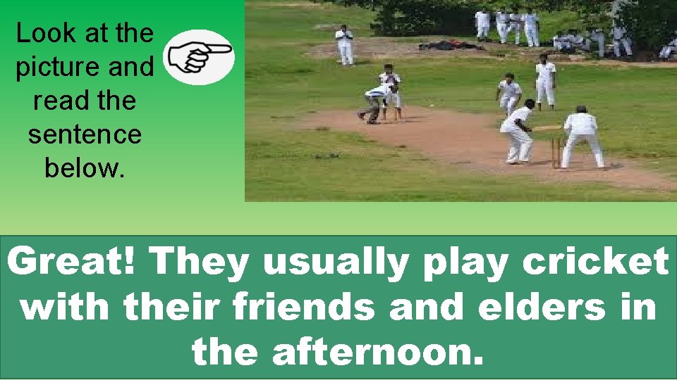 Look at the picture and read the sentence below. Great! They usually play cricket