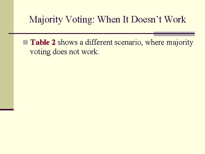 Majority Voting: When It Doesn’t Work n Table 2 shows a different scenario, where